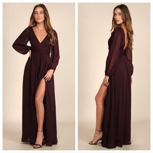 Lulus Enchant My Love Dark Purple V-Neck Long Sleeve Maxi Dress